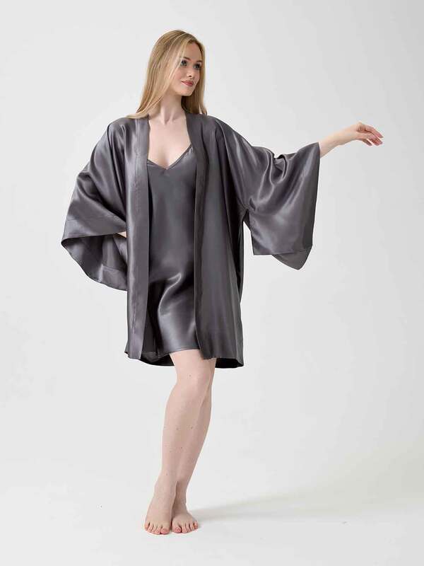 Халат OnSilk кимоно "Assami mini" графит 100% шелк (вид 7) Халат OnSilk кимоно "Assami mini" графит 100% шелк (фото, вид 7)